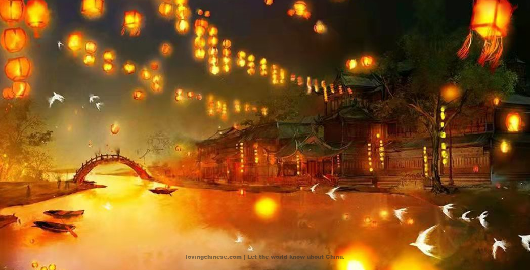 He Xicun Poem: Tune: Red Peach Blossoms · (I)Lantern Lights on the River– 盍西村《小桃红·江岸水灯》